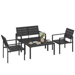Outsunny 4 Piece Garden Furniture Set, HDPE Metal Outdoor Sofa, Black Black Black Four Seater