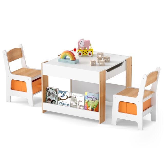 COSTWAY Kids Table and 2 Chairs Set Multifunctional Natural