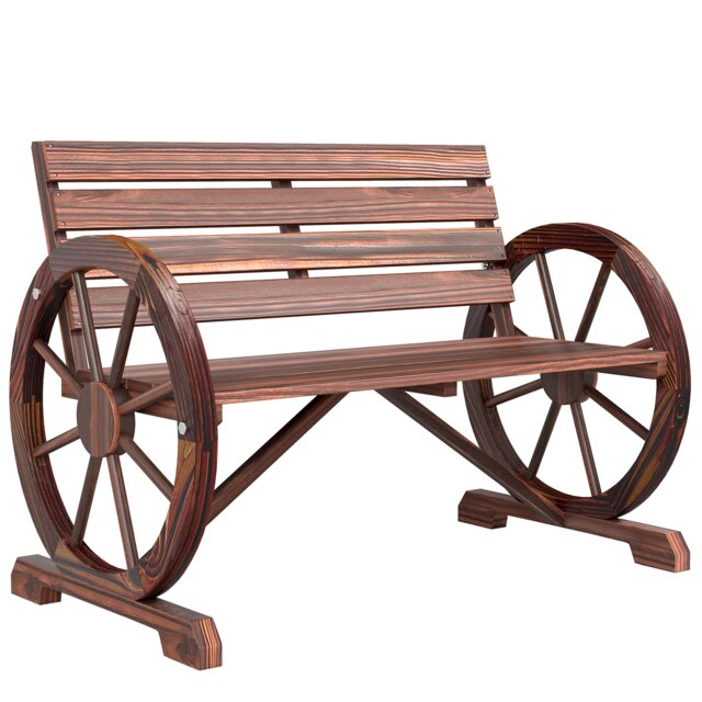 Outsunny 2 Seater Garden Bench w/ Wooden Cart Wagon Wheel Brown Brown