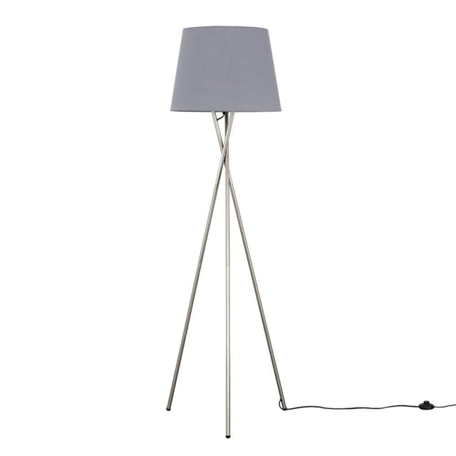 ValueLights Camden Brushed Chrome Tripod Floor Lamp Grey Taper Shade and Bulb