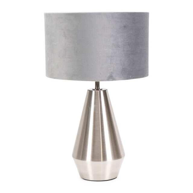 ValueLights Jax Brushed Chrome Touch Table Lamp Grey Velvet Shade and Bulb