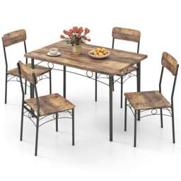 COSTWAY 5-Piece Dining Table Set Industrial Metal Frame Brown 5
