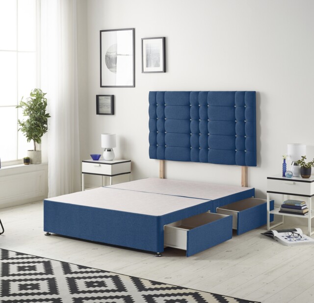 Astoria Divan Bed Base with 2 Drawers & 30 Inch Diamante Headboard in Plush Velvet Blue Navy Small Double