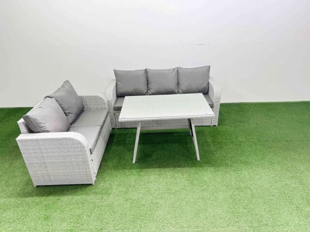 Fimous Outdoor PE Rattan Garden Furniture Set Rectangular Dining Table Sofa Set Light Grey