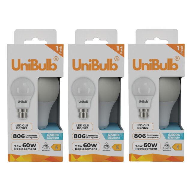 UniBulb LED GLS B22 Bayonet Cap (BC) 806lm 7.3W (Replaces 60W) 6500K (Daylight) Light Bulb - Pack of 3 White Daylight 3