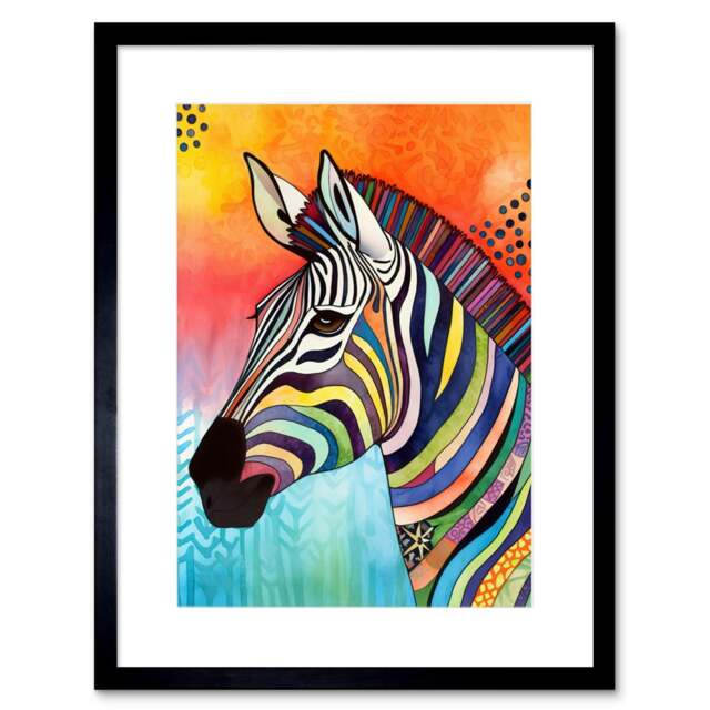 "Colourful Pattern Zebra Animal Folk Art Painting 9x7"" Black Framed Wall Art Print"