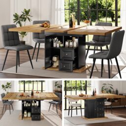 VILUXE 110-140 cm Extendable Dining Table with 2 Drawers, Cabinet Storage, Magnetic Compartment and Locking Metal Extension, Black