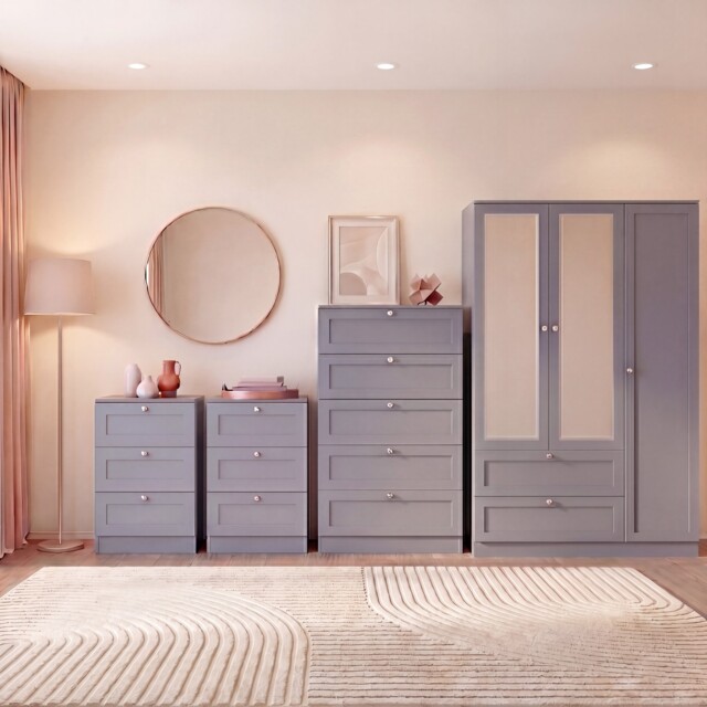 Vida Designs Altino 4 Piece Bedroom Set (2x 3 Drawer Bedside, 5 Drawer Chest, 3 Door 2 Drawer Mirrored Wardrobe), Grey