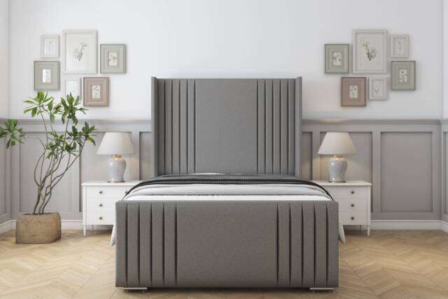 "Sloomy Camden Pewter Dumfries Bed Frame With Mattress With 50"" Upholstered Wingback Headboard 6' Super King"