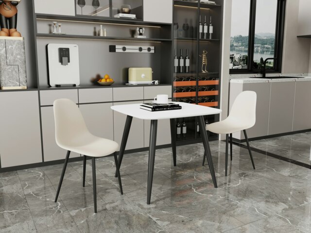 Aspen White 80cm Square Dining Table with 2 Modern Plastic Curve Design Chairs - Compact Contemporary Dining Set White Calico 1