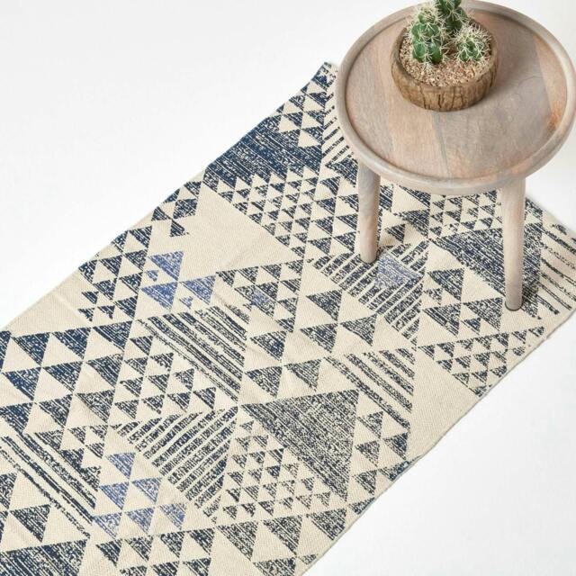 Homescapes Delphi Blue and White Geometric Style Cotton Printed Hall Runner - 66 x 200 cm Blue White, grey and blue