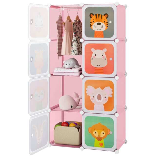 COSTWAY Portable Kids Wardrobe 8-Cube Baby Closet Dresser-Pink Pink
