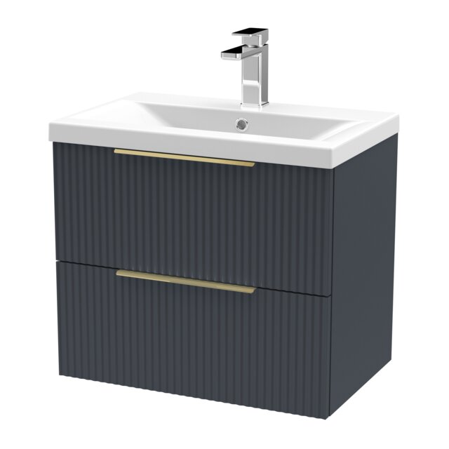 Balterley Fluted Front Wall Hung 2-Drawer Bathroom Vanity Unit with 1 Tap Hole Basin, Handles Grey Soft Black
