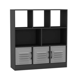 Asymmetrical 8 Cube Black Freestanding Bookcase Shelf Storage Unit with 3 Doors Grey Metal Doors - Grey