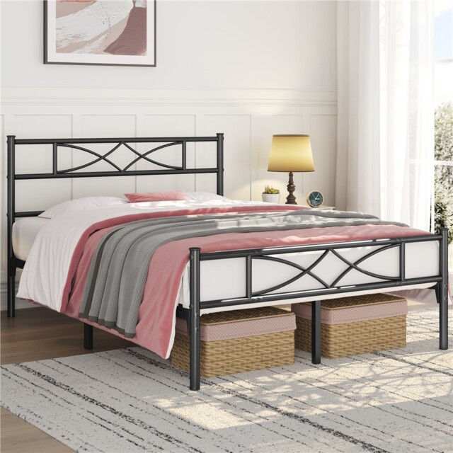 Yaheetech 4ft6 Double Metal Platform Bed Frame with Headboard Black Double 1
