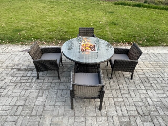 Fimous Outdoor Rattan Garden Furniture Set Gas Fire Pit Round Table Sets Gas Heater with 4 Seater Dining Cahirs Dark Grey Mixed