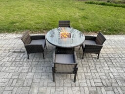 Fimous Outdoor Rattan Garden Furniture Set Gas Fire Pit Round Table Sets Gas Heater with 4 Seater Dining Cahirs Dark Grey Mixed
