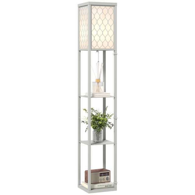 HOMCOM Modern Floor Lamp Light with Shelves Fabric Lampshade Light Grey Grey