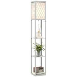 HOMCOM Modern Floor Lamp Light with Shelves Fabric Lampshade Light Grey Grey