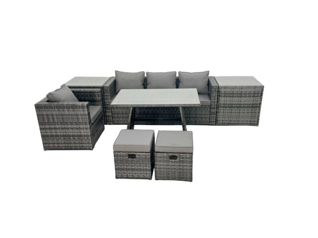 Fimous Rattan Dining Table Sofa Armchair Set with 2 Side Tables 2 Small Footstools Outdoor Garden Furniture Set Dark Grey Mixed