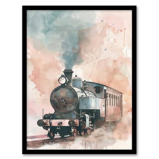 Steam Train Pink Watercolour Railfan Spotter Black Framed Wall Art Print A4