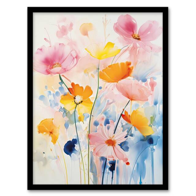 Delicate Wildflowers Pastel Watercolour Black Framed Wall Art Print A4