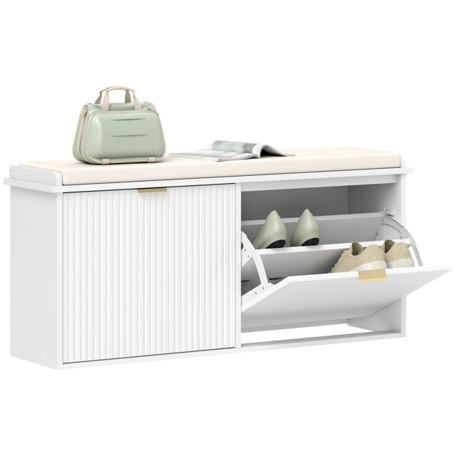 HOMCOM Shoe Storage Bench with Cushion and Flip-Drawer 104x26x47.5cm White White White