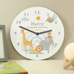 Personalised Safari Animals Wooden Nursery Clock White