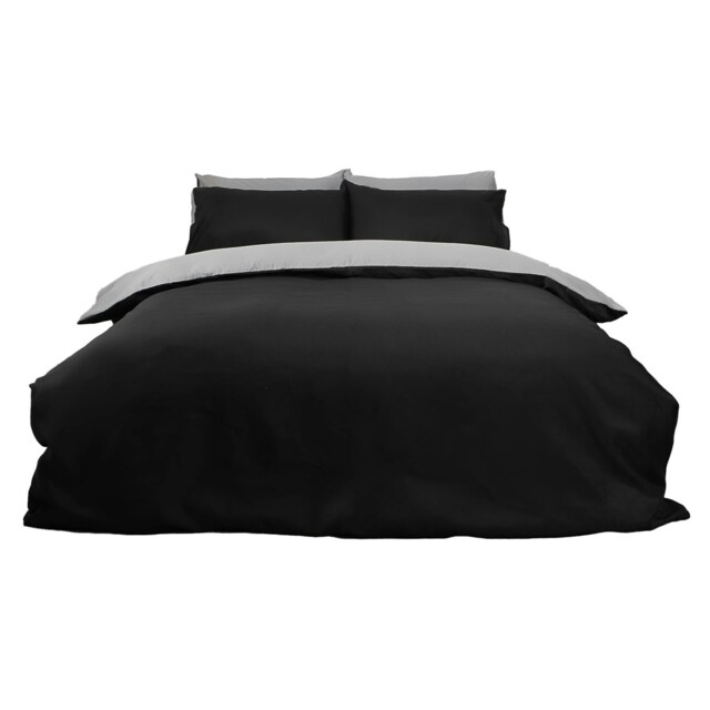 OHS Plain Reversible Soft Microfibre Duvet Cover and Pillowcase Set, King - Black/Grey