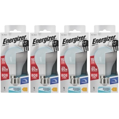 Energizer LED GLS B22 806lm 7.3W 6500K (Daylight) Dimmable Light Bulb - Pack of 4