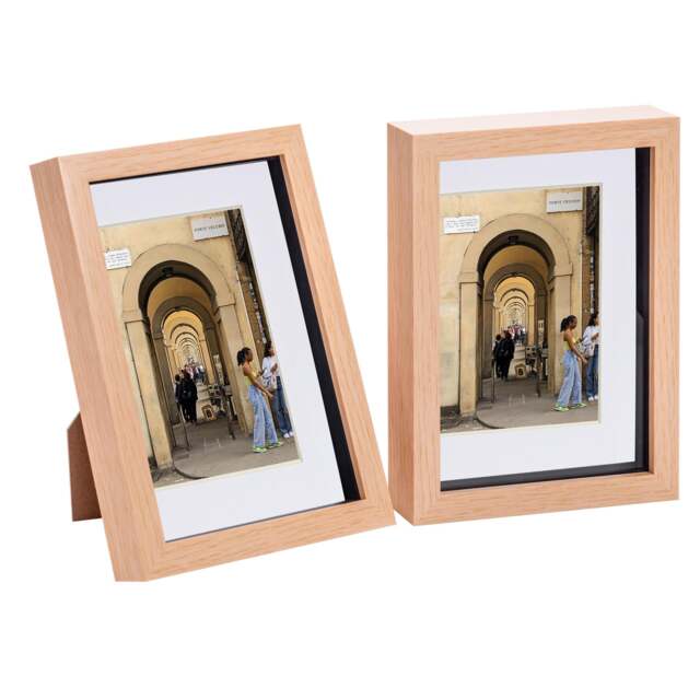 "Nicola Spring A5 (6 x 8"") Photo Frames - Light Wood/White Mount 3D Picture Frame Box Portrait Display Case (23.5 x 17cm) Set of 2"