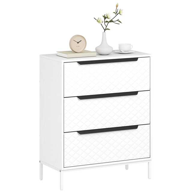 HOMCOM Chest of Drawers, 3 Fabric Drawer Dresser, Aluminium Handles, White White White