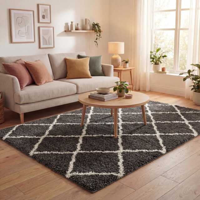 The Rugs Moroccan Collection Soft High Pile Shaggy Lattice Rugs and Runners Living Room
