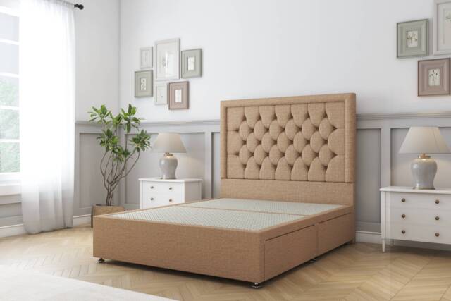 Sloomy Montana Latte Dumfries Divan Bed Base 2 Drawers Foot-End With 54 Inch Floor Standing Headboard Brown Latte King 1