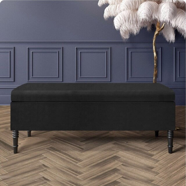 Paris Plain 90cm Ottoman Storage Bench - Plush Velvet Shoe Bench - Black Upholstery Footstool with Storage