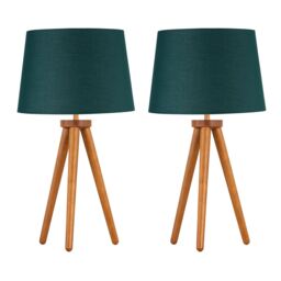 Set of 2 Dark Oak Table Lamp or Bedside Lights with Dark Green Shades Brown Green Large 2