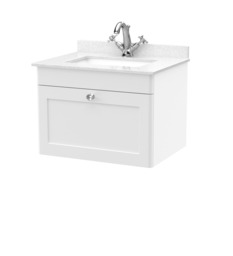 Balterley Swynnerton Traditional 1 Drawer Wall Hung Vanity Unit with Marble Basin, Satin White, 600mm