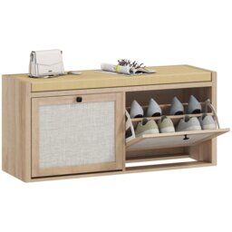 HOMCOM Rattan Shoe Bench with Padded Cushion and 2 Cabinets, Oak
