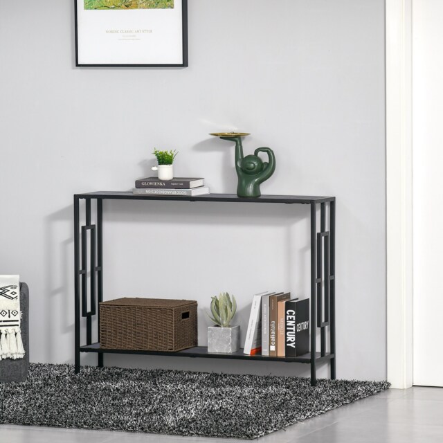 HOMCOM Industrial Console Table with Storage Shelf, Narrow Hallway Dressing Desk with Metal Frame for Living Room, Bedroom, Grey and Black Yellow Grey 1