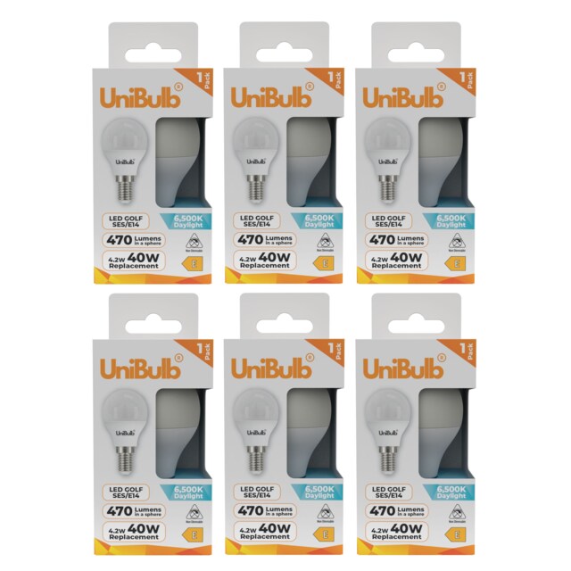 UniBulb LED Golf Ball E14 Small Edison Screw (SES) 470lm 4.2W (Replaces 40W) 6500K (Daylight) Light Bulb - Pack of 6