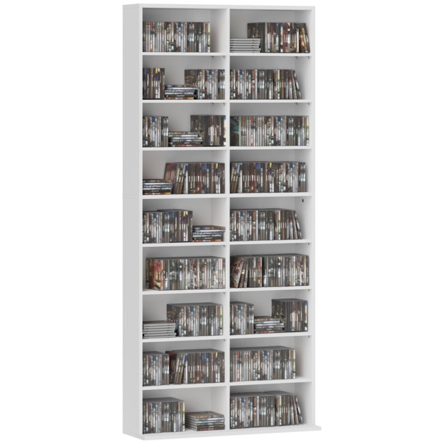 HOMCOM 640 CD360 DVD Storage Unit, Blu-ray Media Storage Shelf with 18 Compartments and 14 Adjustable Shelves, CD Tower for Living Room, Bedroom, Office, White