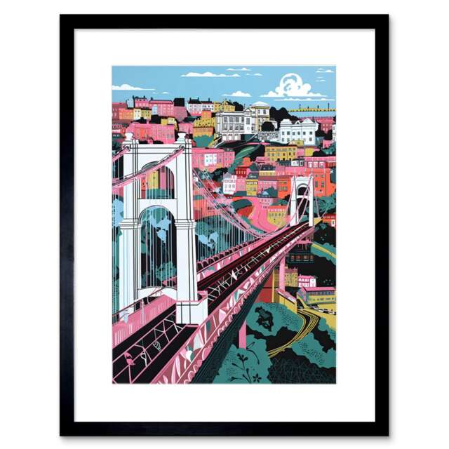 "Clifton Suspension Bridge Pink Teal Cityscape 9x7"" Black Framed Wall Art Print"