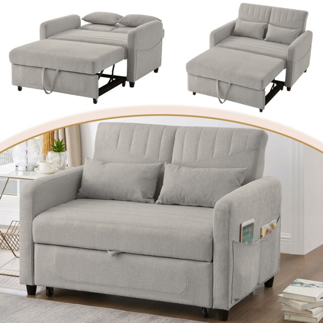 VILUXE 2 Seater Pull-Out Cotton-Linen Sofa Bed with 3-Position Adjustable Backrest, High-Density Foam, Metal Rollers and 2 Pillows, Light Grey