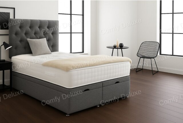 Charcoal Grey Linen 2ft6 Small Single Ottoman Divan Foot Lift Open Bed Set Headboard With Memory Mattress