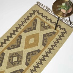 Homescapes Ravar Brown and Gold Kilim Runner Wool Rug - 80 x 180 cm Brown 80 x 180 cm