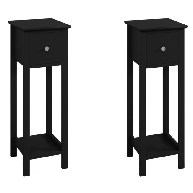 URBNLIVING Slim Bedside Table with 1 Drawer & Open Shelf - Compact Bedroom Nightstand Black 2x Black 2