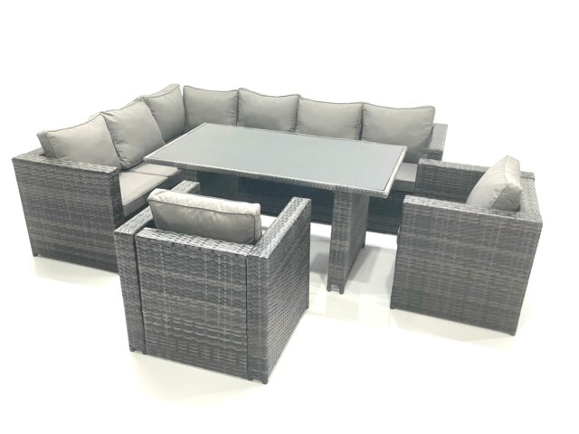 Fimous Dark Grey Outdoor Lounge Rattan Corner Sofa Set Garden Furniture Rectangular Dining Table Chair