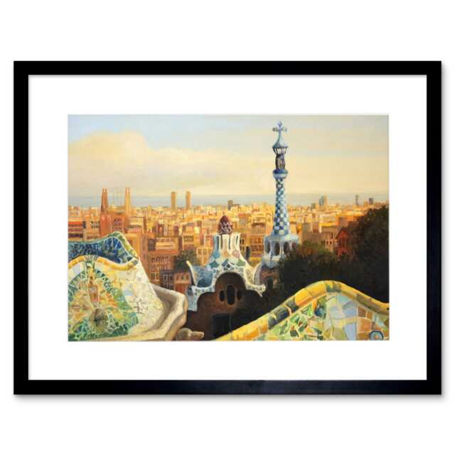 "Gaudi Park Guell Barcellona Painting Barcelona 9x7"" Black Framed Wall Art Print"