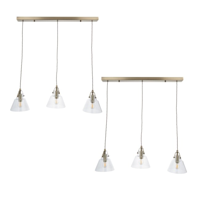 Set of 2 Rushcombe - Antique Brass with Glass 3 Light Bar Pendants