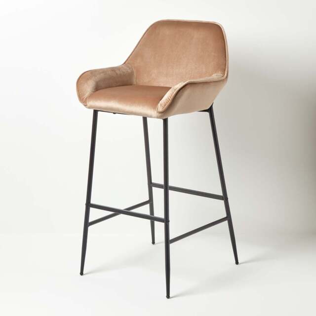 Homescapes Eton Velvet Bar Stool Champagne Gold H 103 cm x W 34 cm. Seat height 77cm